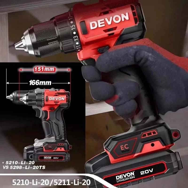 DEVON Cordless Drill 5210 Imacpt 5211 Light Duty Rechargeable Brushless 20v 50Nm 1800rpm Adjustable Speed Share Flex Battery