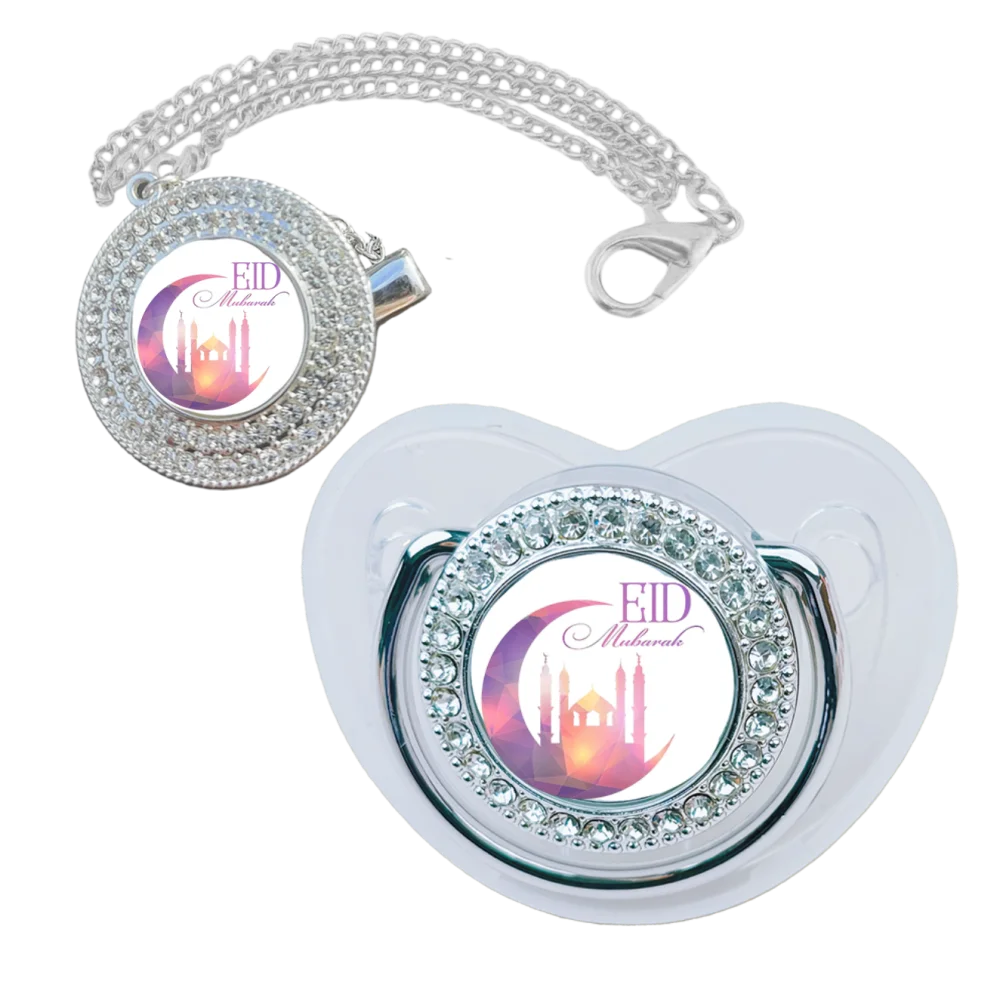 Muslim Mother & Baby Jewelry Set: Rhinestone-Embellished Pacifier + Necklace with Mosque Motif, Islamic Faith-Inspired Newborn P