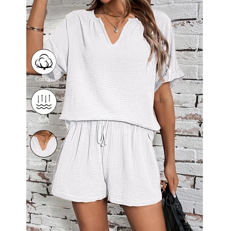 100% Cotton Gauze Muslin 2 Piece Sets Women Outfit Solid Short Sleeve Tees Top + Drawstring Shorts Suit Elegant Women\'s Set