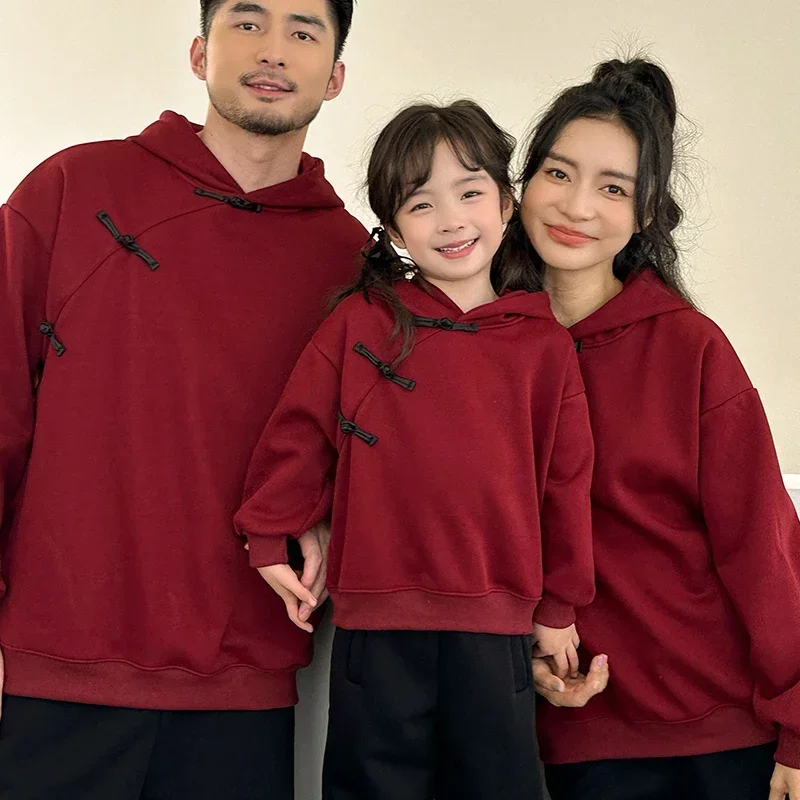 1-12 Year Girl Boy Brother Sister Sweatshirt S-3XL Mom Dad Family Matching Outfits 2025 Chinese New Year Plus Velvet Red Hoodies