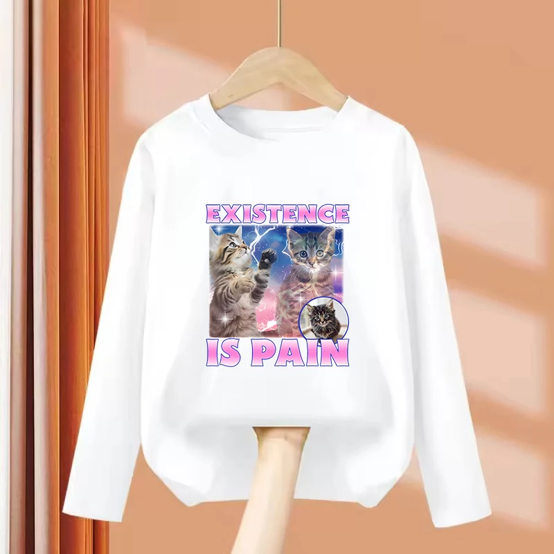 Long Sleeve Summer Soft Tee Existence Is Pain Cat T Shirts Cat Funny Manga Kids Children's T-shirt Boys Girls Casual Top Tee
