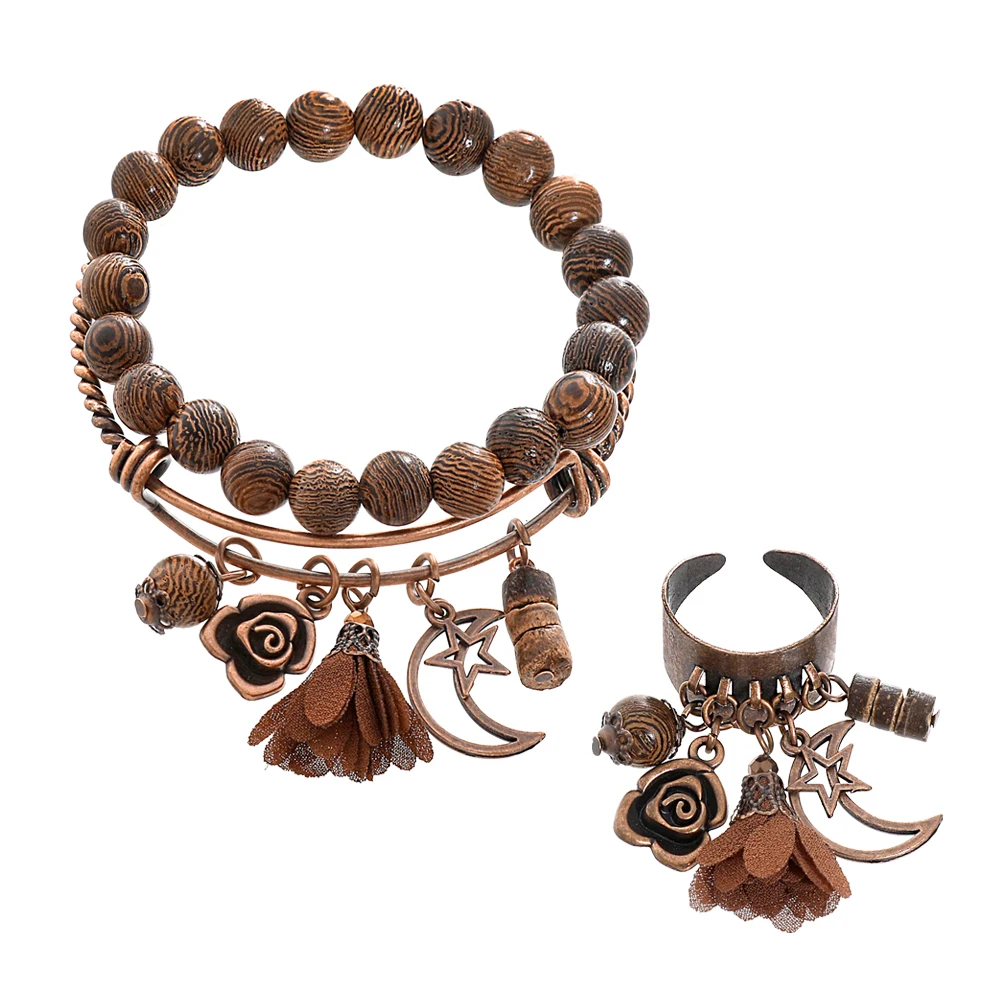 3 Pcs Boho Vintage Jewelry Set Brown Series Beaded Bracelet Open Wide Ring Adiustable Daily Wear Party Decors Versatile Gifts