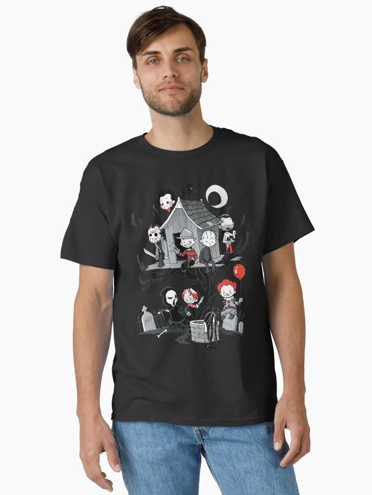 Men's Halloween Horror Villains Haunted House Tshirt Spooky Graveyard Movie Killers Print Unisex Short Sleeve Top Sports Tee