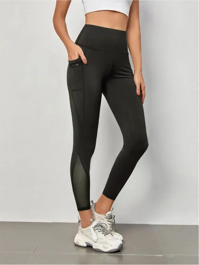Women's high-waisted yoga pants, mesh stitching large pockets, hip-lifting, sports casual leggings, fitness and fitness clothing