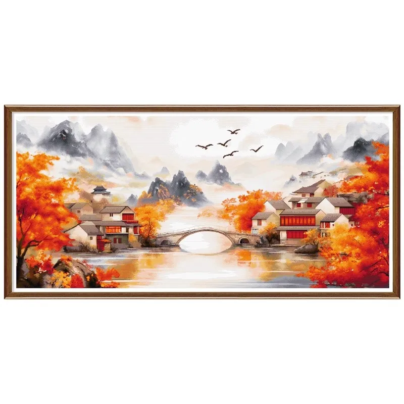 

Autumn Maple Wonderland 14CT 11CT Print On Canvas Cross Stitch DIY Set Kit Needlework Embroidery 65 Colors