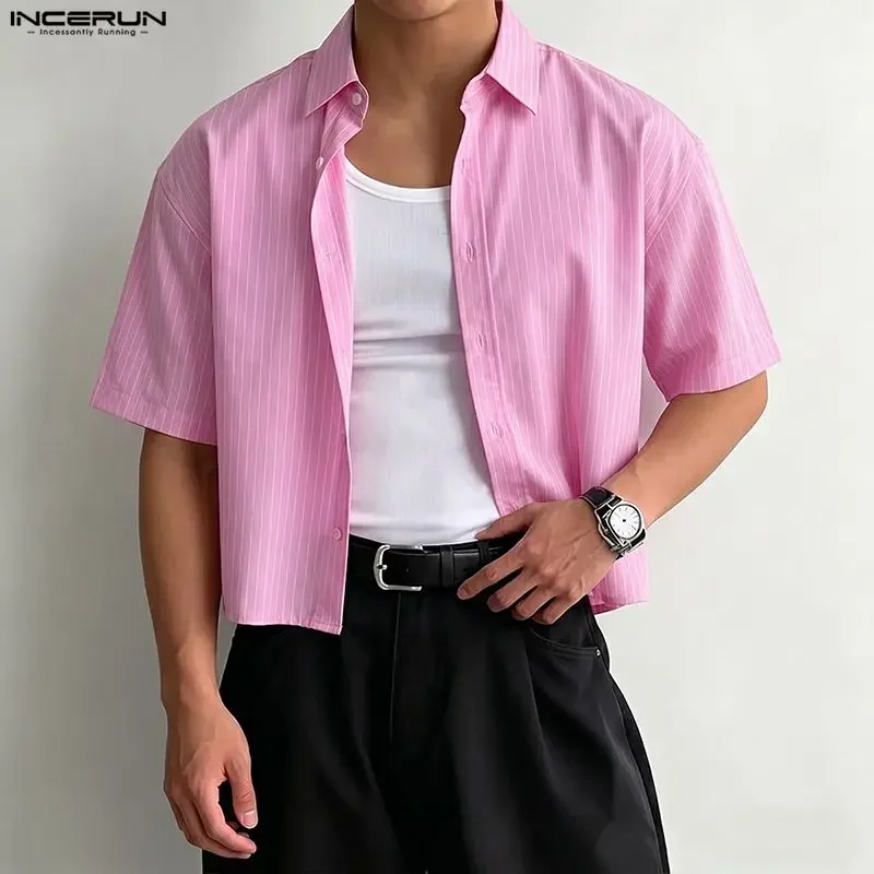 INCERUN Herren Gestreiftes Hemd mit Revers, Kurzarm, Herrenbekleidung, Sommer, Lockerer Koreanischer Stil, 2026 Mode, Lässige Oberteile für Männer, S-5XL