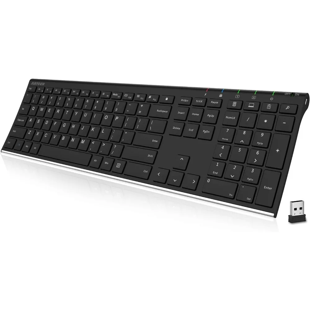 2.4G Wireless Stainless Steel Slim Full-Size Keyboard with Number Pad for PC/Laptop/Smart TV, Rechargeable