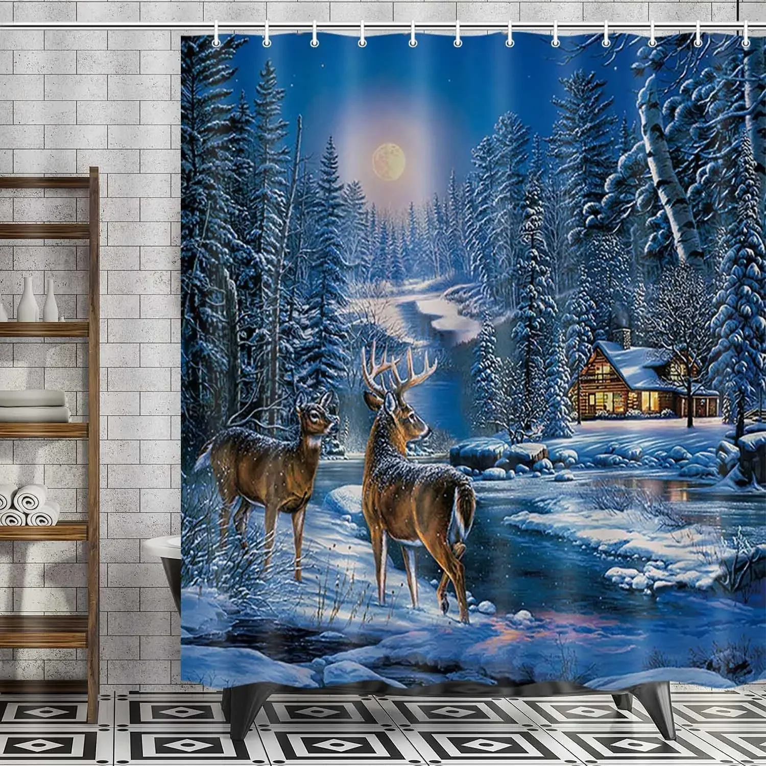 Winter Christmas Shower Curtain Xmas Reindeer Nature Forest Snowy Scenery Farmhouse Bath Curtain Polyester Fabric Bathroom Decor