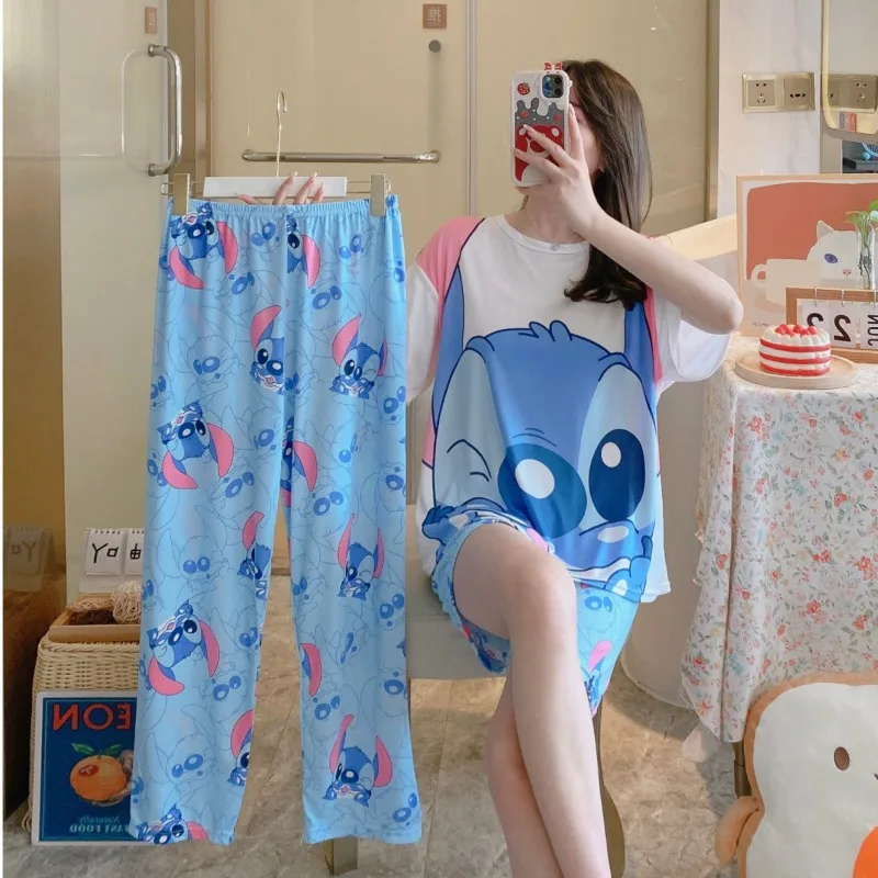 بدلة بيجامة ديزني ليلو وستيتش مكونة من ثلاث قطع وإكسسوارات شخصيات كرتونية بدلة بيجامة منزلية مريحة للفتيات كاواي