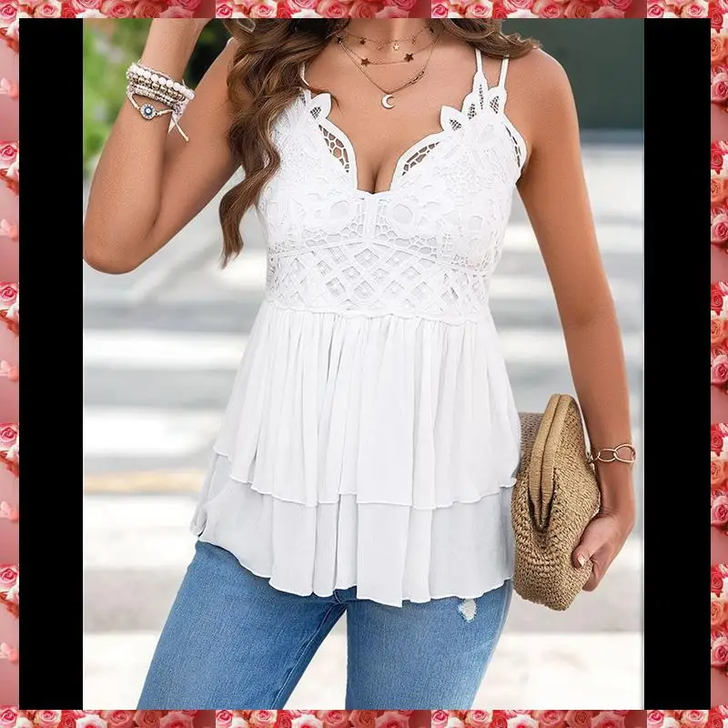 Canotte in pizzo per donna Camicie estive senza maniche con cinturino per spaghetti Babydoll Top Camicie senza maniche in chiffon