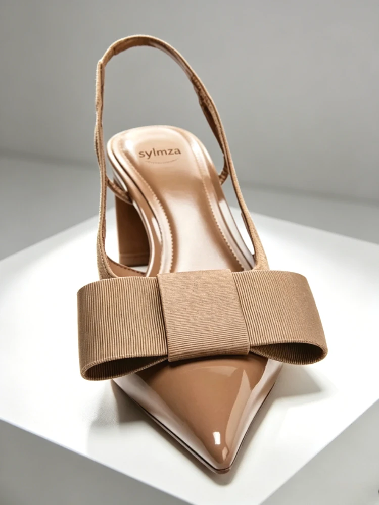 2026 Patent Leather Pointed Toe Heeled Sandals Women Elegant Bow Decoration Chunky Heel Pumps Luxury Designer Heels for Ladies image 3