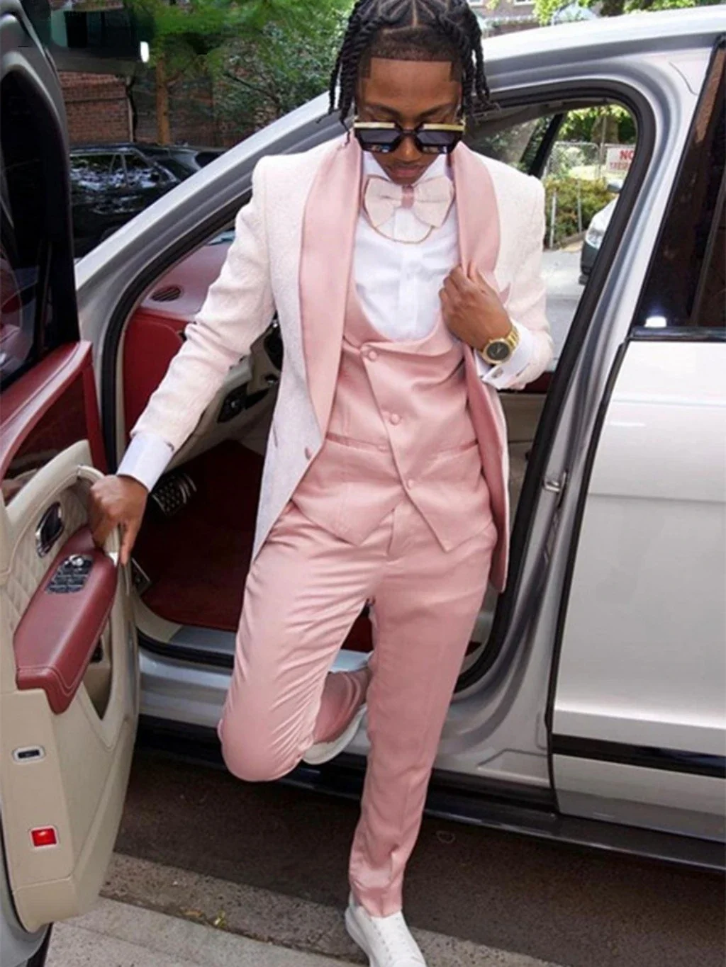 Pale Pink Jaquard Suits for Men 3 Pieces One Button Blazer Tuxedos Suit Set Prom Party Homecoming Student Clothes Coat+Vest+Pant