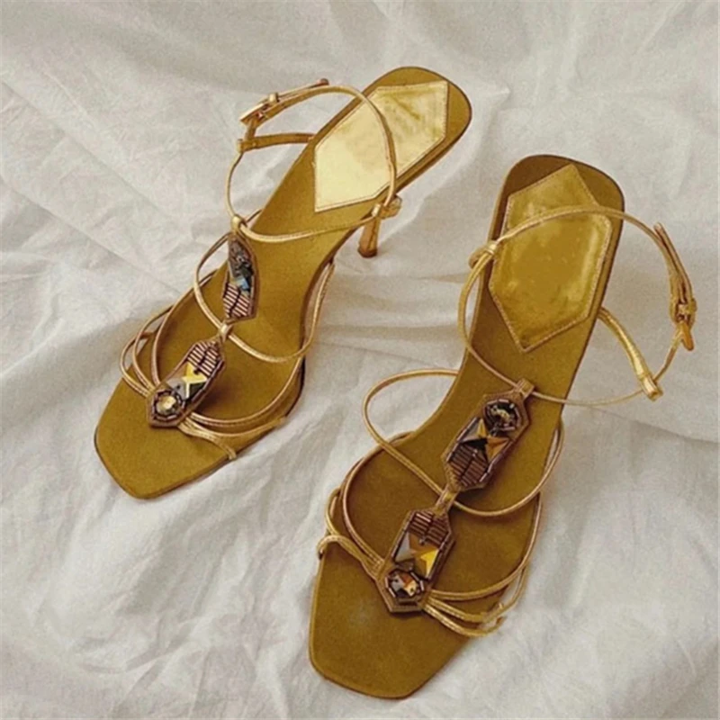 Fashion Gold Women Sandals Rhinestone High Heel Dress Shoes Woman Straps Gladiator Sandal Retro Square Toe Women Pumps