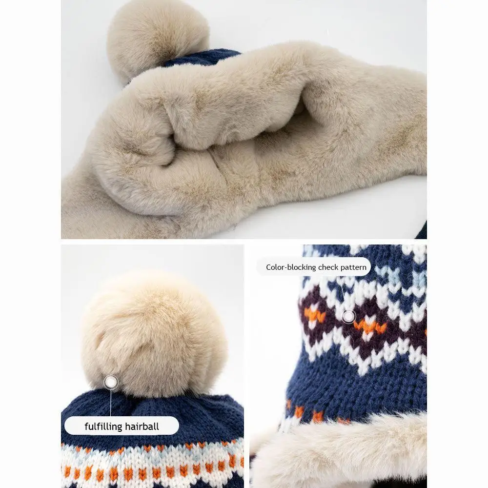 Hot Ethnic Jacquard Soft Striped Spliced Knitted Hat Coldproof Thickened Fluffy Fleece Earflap Hat Skiing Hiking Outdoor Caps