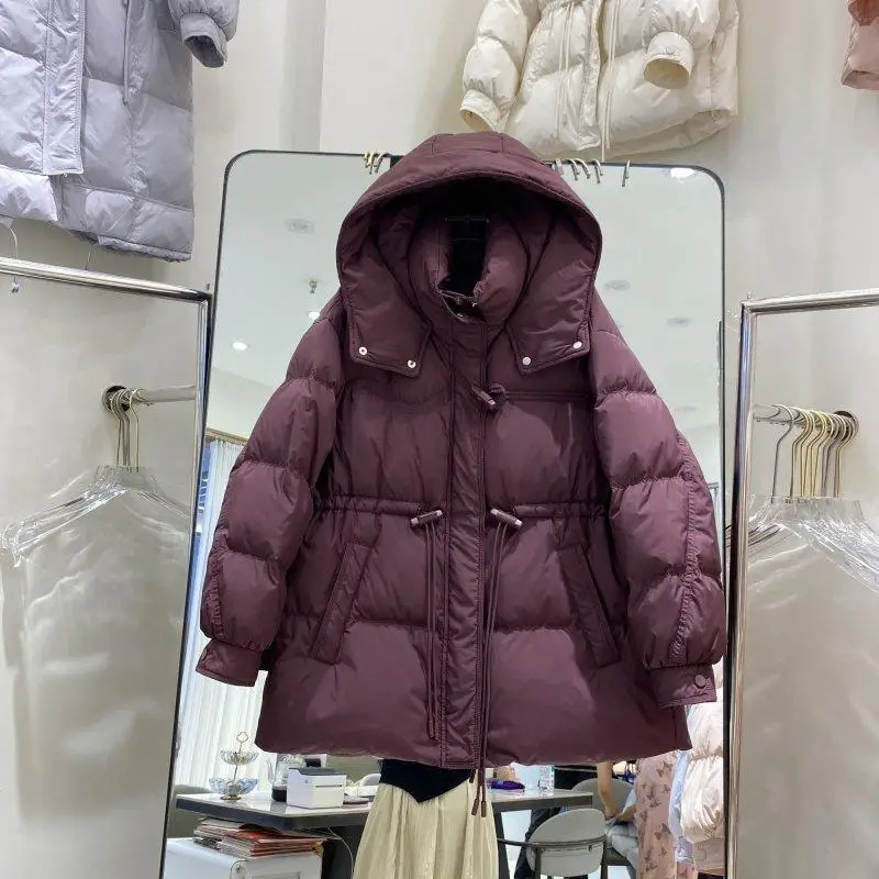 冬の新作レディースダウンジャケット、ゆったりとしたフード付き、レースアップ、ホワイトダックダウンジャケット