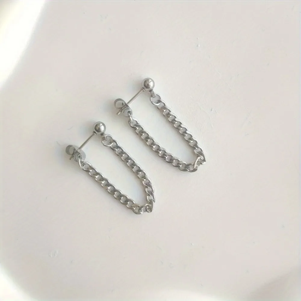1Pair of stainless steel chain pendant front and back anti-allergic needle earrings Punk Silvery JKC Store