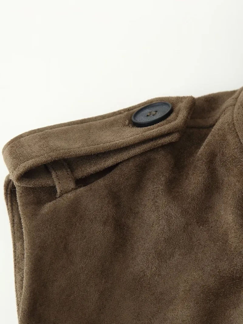 Damen-Weste aus Wildlederimitat, ärmellos, doppelreihig, mit selbstbindendem Gürtel, hohem Kragen, Taschen, Schulterklappen, Oberbekleidung, Top 2026 – Detail 14