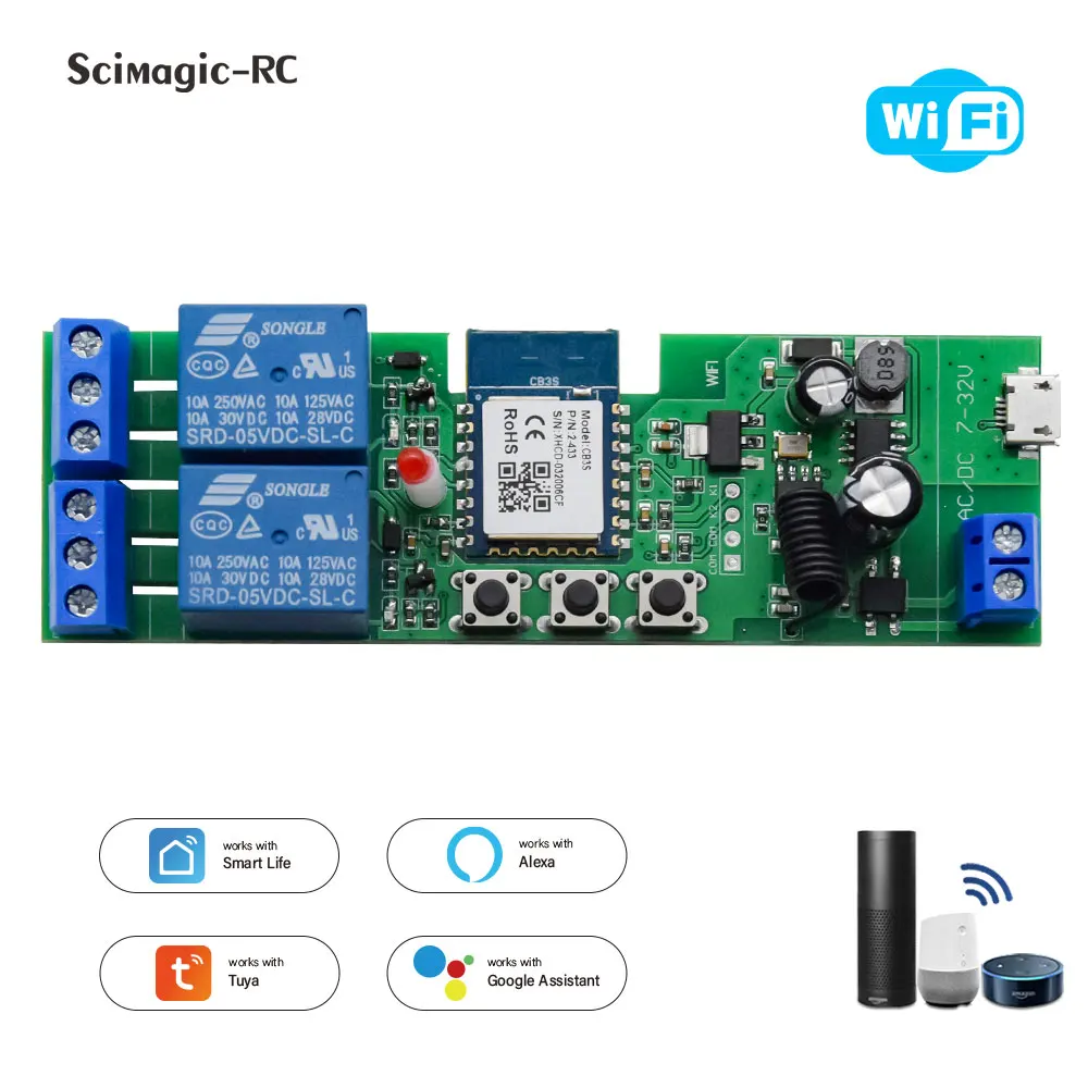 Tuya WiFi 2-kanałowy moduł przekaźnika inteligentnego domu AC DC 12V 24V 32V 220V Elektryczny siłownik liniowy Sterownik silnika do Alexa Googole