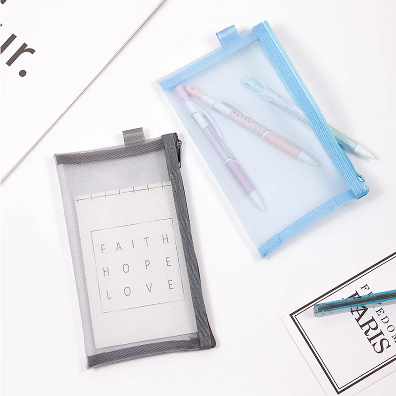 

Zipper Pencil Case Mesh Cosmetic Storage Bag Clear Stationery Bag Nylon Makeup Pouch Portable Travel Handbag Simple Transparent