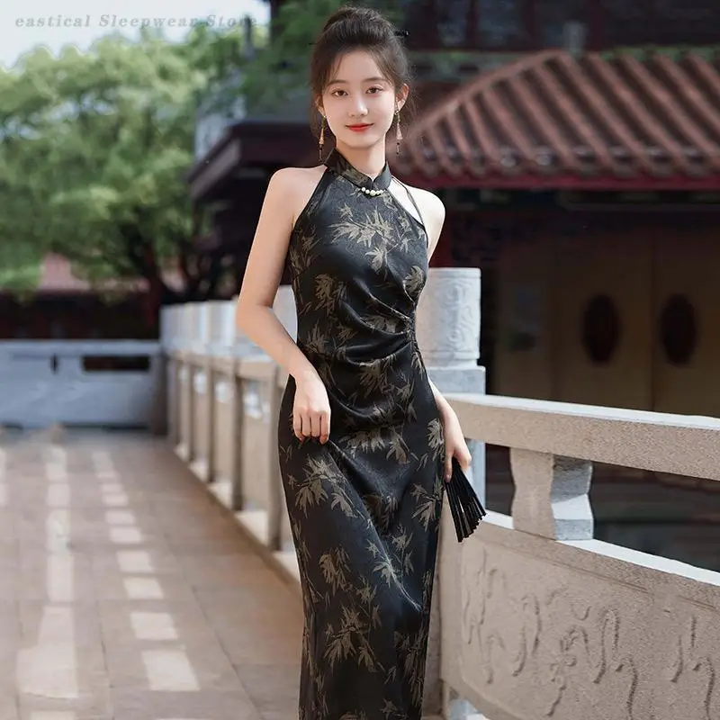 

New Chinese Style Lady Dress Sexy Improve Sleeveless Halter Qipao Elegant Print Bamboo Leaf Cheongsam Formal Party Gown Vestidos