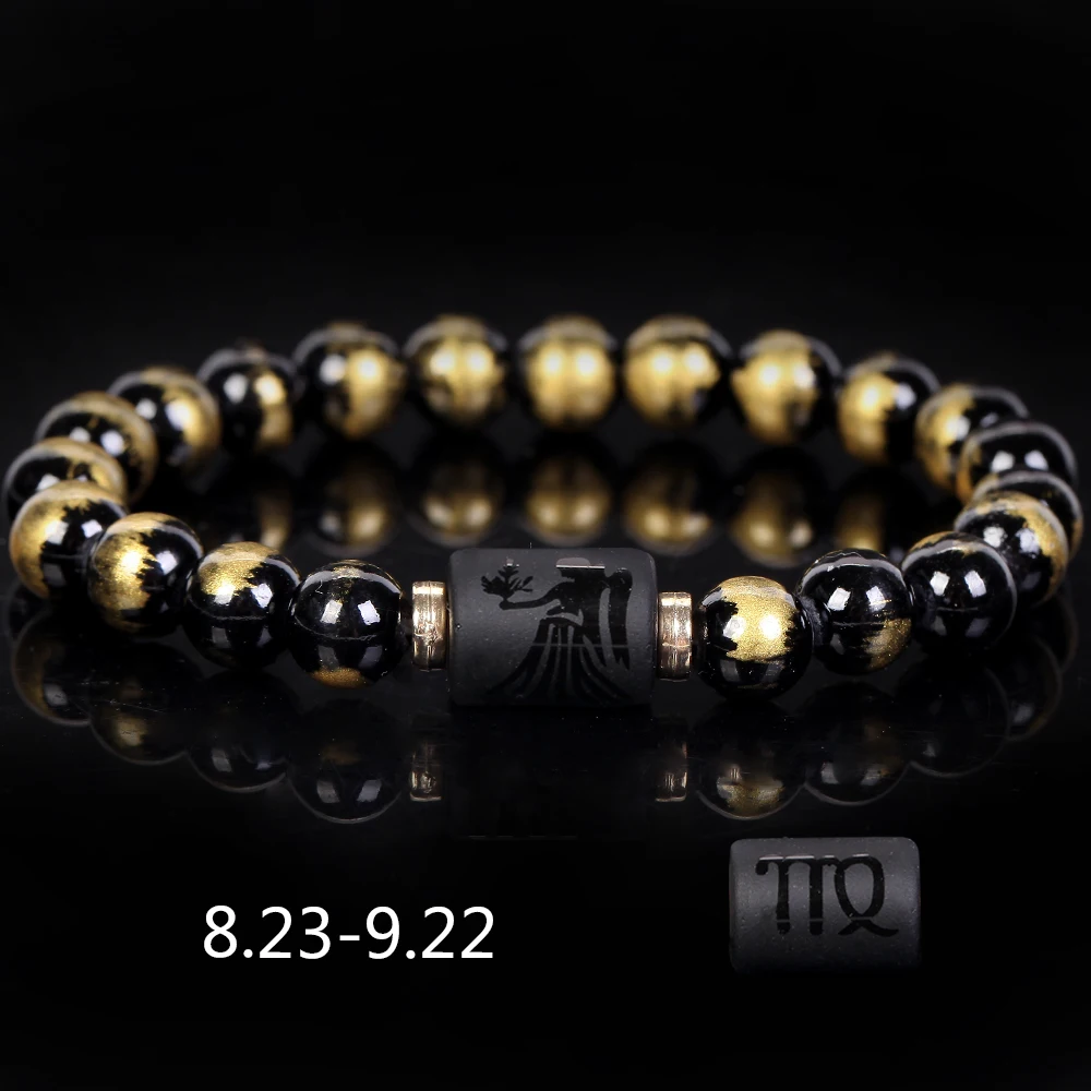 Natural Stone Constellation Couple Bracelet Black Gold Color Jade Spacer Beads Jewelry Gift For Man Women Elastic Rope 8 MM