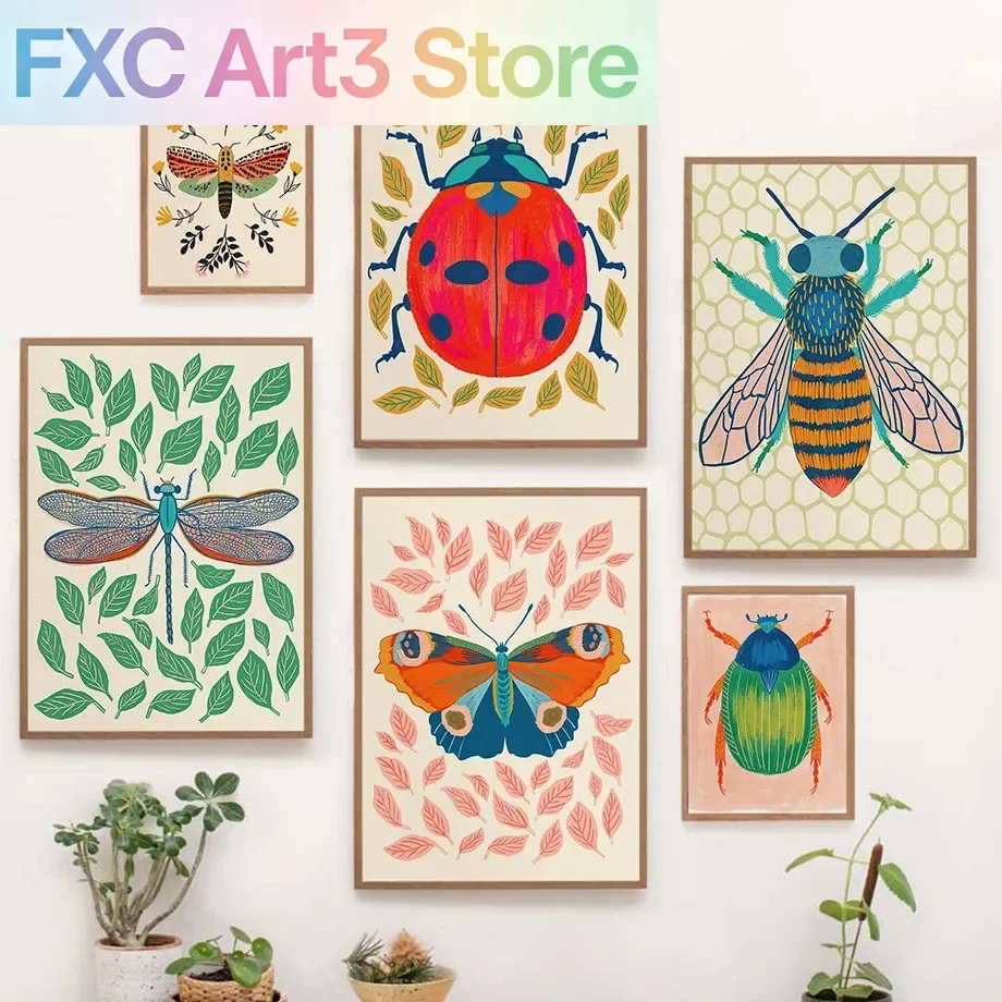 1pc frameless Colorful Insect Wall Art Boho Ladybug Bee Dragonfly Butterfly Prints Nature Botanical Posters Aesthetic Room Kids
