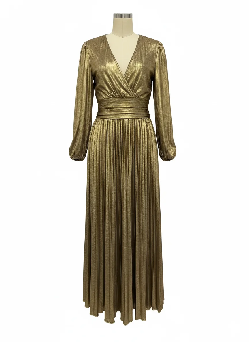 Abiti lunghi eleganti per feste di ballo di nozze Abiti da donna con scollo a V pieghettati 2025 Abito da festa in oro con maniche lunghe primavera autunno