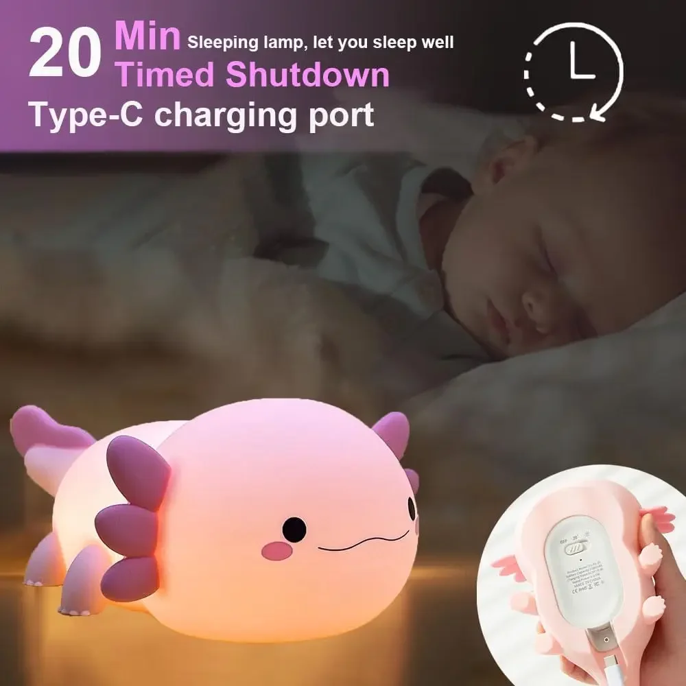 Cute Axolotl Night Light , Animal Silicone Night Lamp Touch Control Nightlights Rechargeable Bedside Lamp for Baby Children Gift