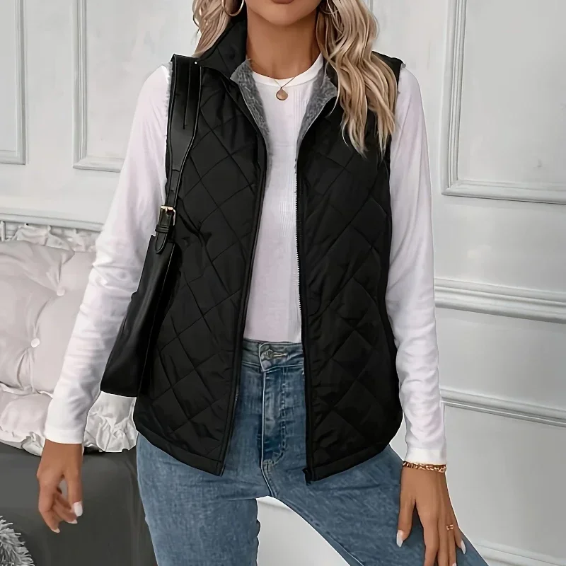 Solid Zipper Quilted Vest Versatile Sleeveless Winter Warm Vest Coat Outwear Stand Collar Lightweight Vest Jacket for Women