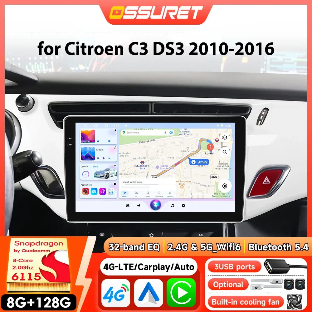 Autoradio Lettore Video Multimediale per Citroen C3 DS3 2010-2016 Autoradio DSP GPS Carplay Stereo Intelligente di Snapdragon 6115