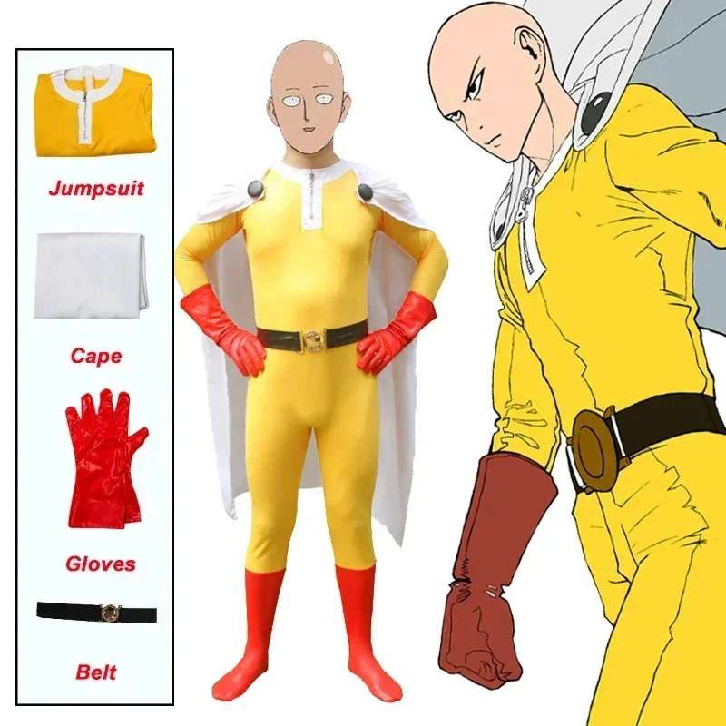 زي الهالوين للبالغين للرجال Anime ONE PUNCH-MAN بدلة Saitama مع عباءة بيضاء