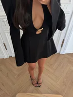 CNYISHE Metal Buckle Hollow Out Women Dresses Autum Fashion Solid O Neck Sheath Long Sleeve Sexy Club Female Bodycon Chic Robes - Image 2