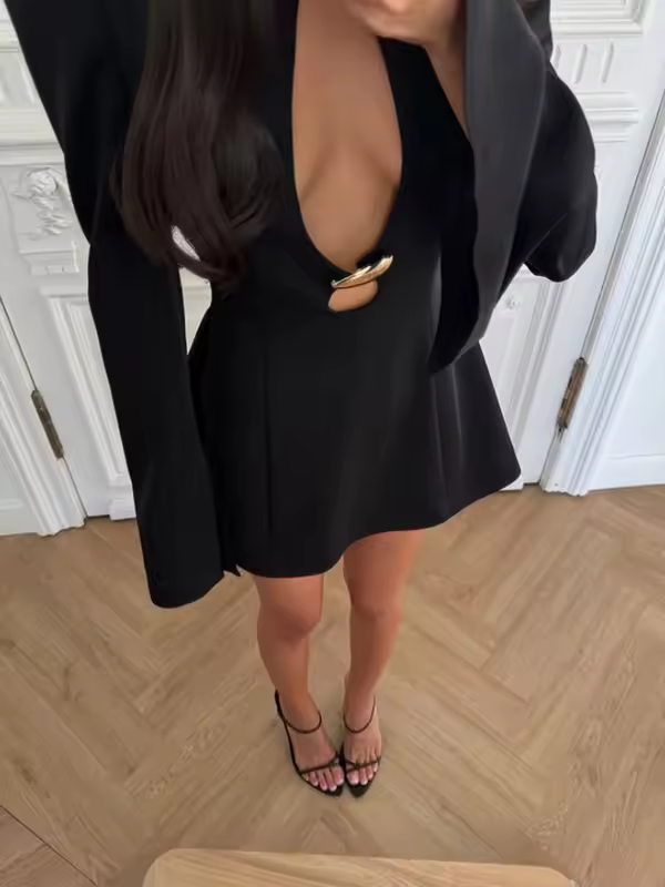 CNYISHE Metal Buckle Hollow Out Women Dresses Autum Fashion Solid O Neck Sheath Long Sleeve Sexy Club Female Bodycon Chic Robes - Image 2