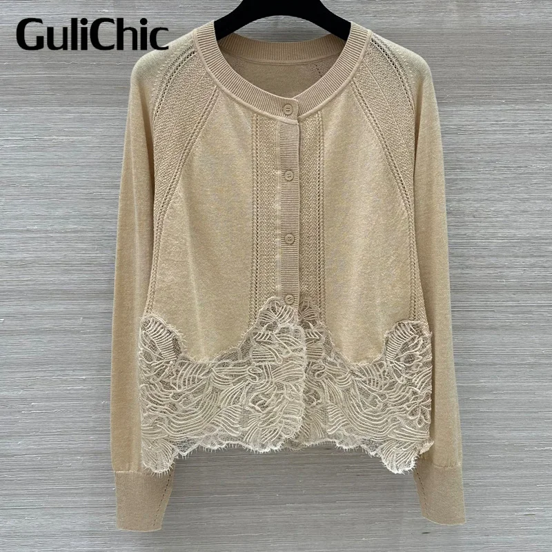 8.28 GuliChic Women\'s High Quality Soft Comfortable Knitwear Fashion Elegant Lace Spliced O-Neck Long Sleeve Casual Cardigan