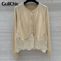 8.28 GuliChic Women's High Quality Soft Comfortable Knitwear Fashion Elegant Lace Spliced O-Neck Long Sleeve Casual Cardigan