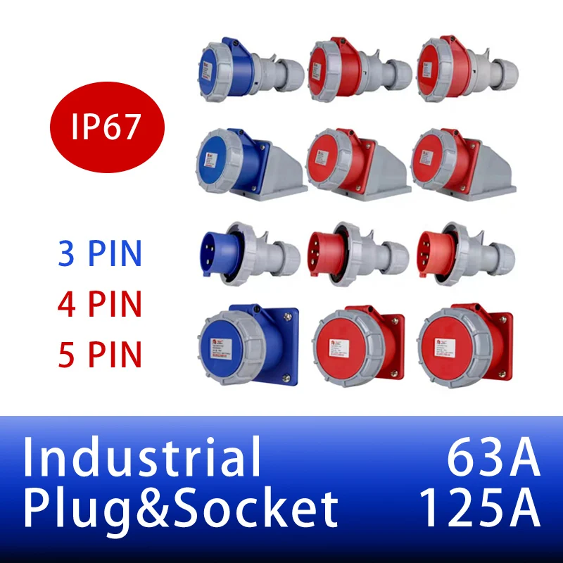 

63A 125A Industrial Plug Socket 3/4/5 PIN Electrical Connector IP67 Waterproof 3/4/5core Electrical Connection Wall Mount Socket