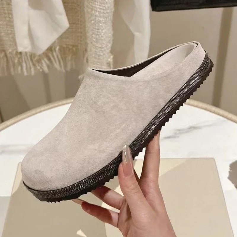 Women String Bead Flat Slippers Thick Sole Baotou Half Slippers Suede Casual Shoes Spring Autumn Slides Outdoor Lazy Mules Shoes