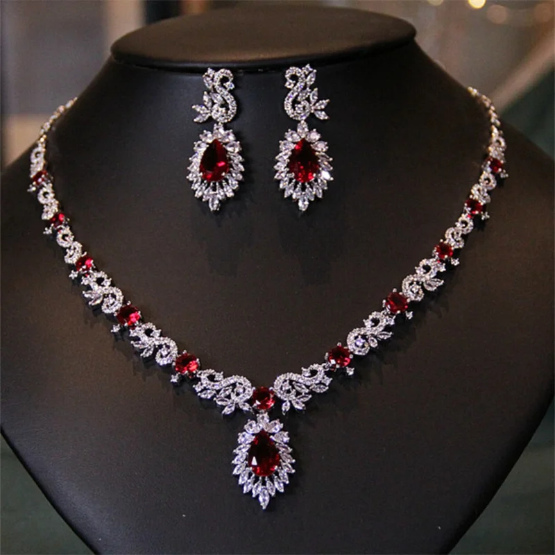 CC Vintage Jewelry Sets For Women Party Engagement Wedding Accessories Dark Red Cubic Zirconia Stone Necklace And Earrings Set