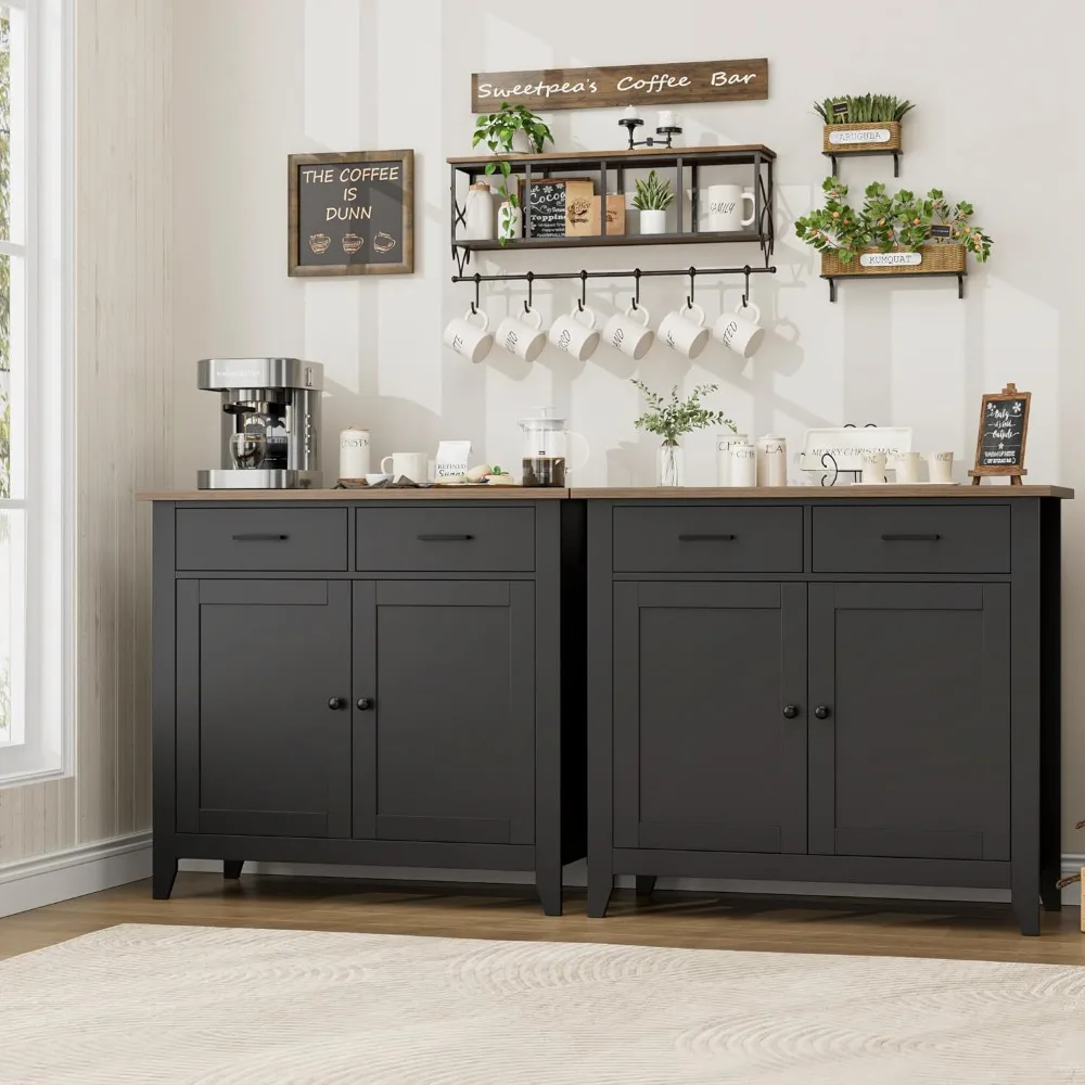 Modern Farmhouse with Storage, Bar with 2 Drawers and 2 Doors,Floor Sideboard Buffet for Dining Room,Black/Rustic Brown