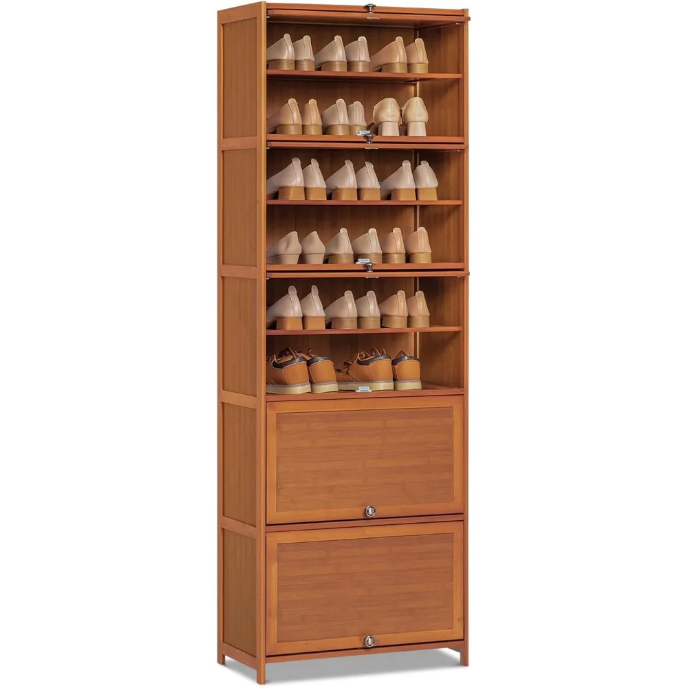 

24" 10-Tiers Bamboo Shoe Cabinet Shoe Rack with Flip-up Doors for 30 Pairs Shoes, Freestanding Shoe Storage Shoe Organizer Shel