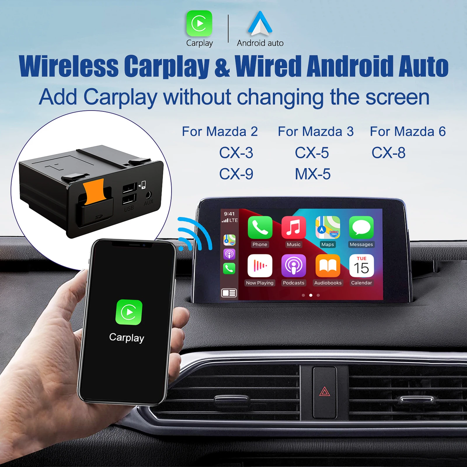 

For Mazda 2 3 6 CX3 CX5 CX8 CX9 MX5 Wireless Apple CarPlay Wired Android Auto USB Adapter Hub OEM Retrofit Kit