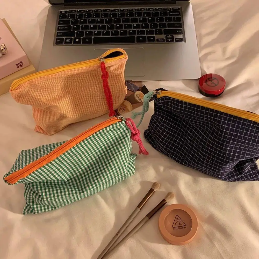 Makeup Storage Bag Pouch Fashion Contrast Color Makeup Bag Women Girls Purses Cotton Zipper Plaid Portable Travel Cosmetic Bag