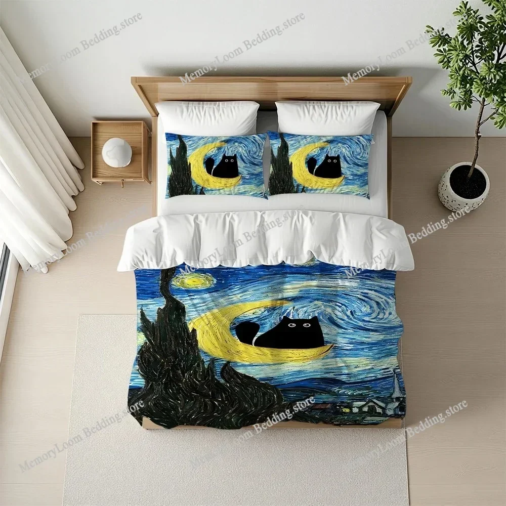 Van Gogh Irises Black Cat Duvet Cover Set Home Style Bedding Soft Laundry Cotton Bed Four Seasons Student Dormitory Home Textile