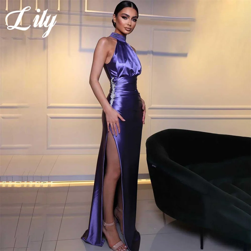 

Lily Purple Chic Woman Evening Dress Gown Mermaid Sexy Split Halter Beaded Night Dress Gown with Pleats Satin robes de soirée