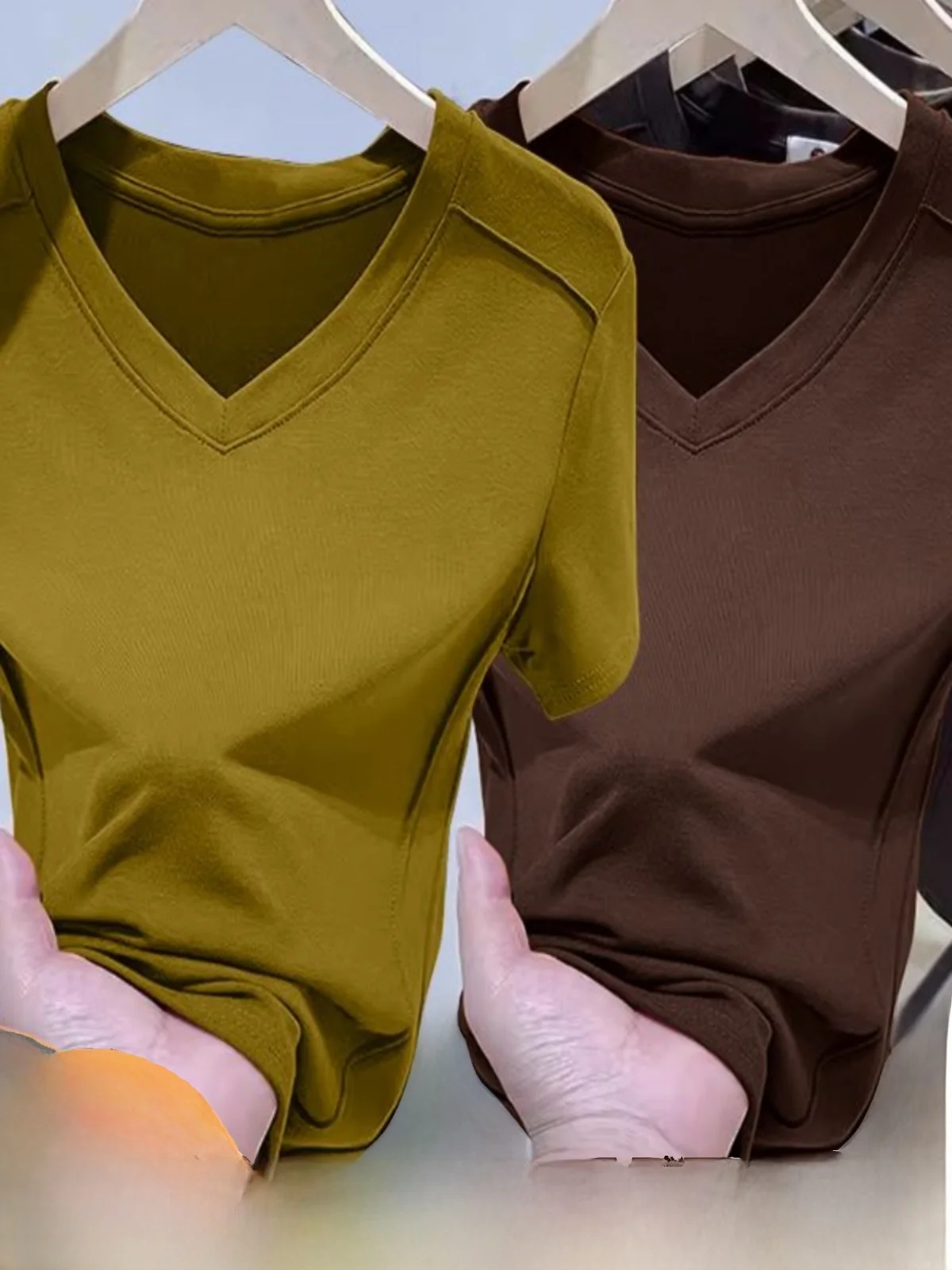 Casual Slim Fit Short Sleeve T-Shirt Women's Thread Cotton Summer New Style Simple V-neck Versatile Base Layer Top