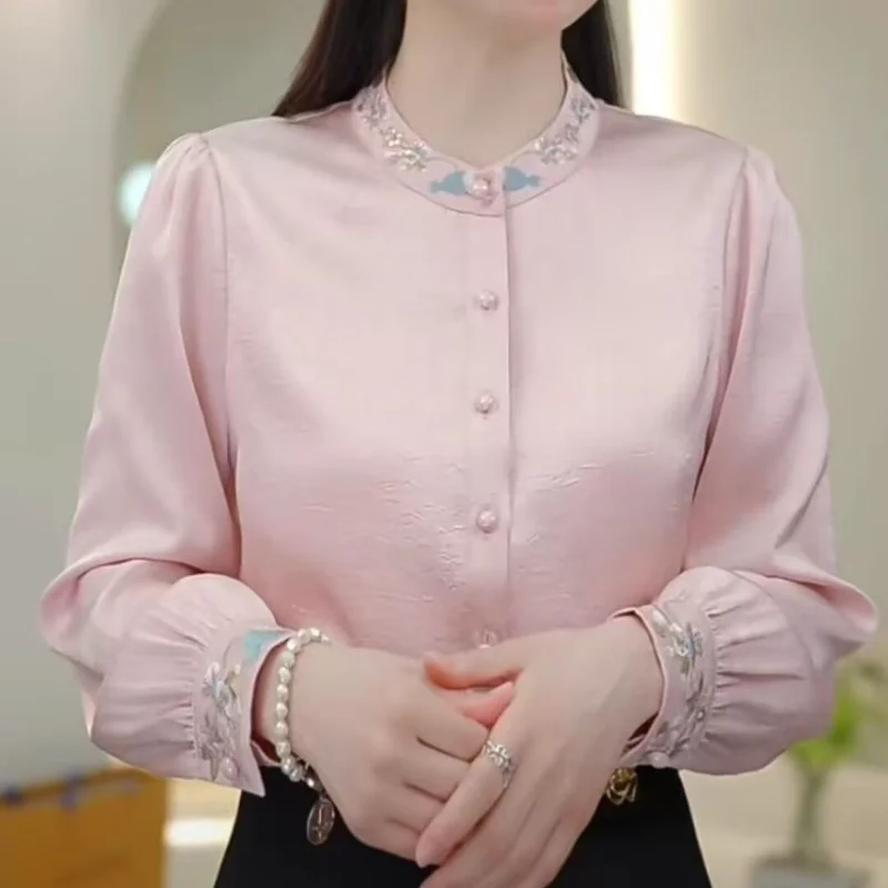

Autumn New Spliced round Neck Button Chinese Style Embroidered Loose Top Women's Fashionable Temperament Long-sleeved Shirt