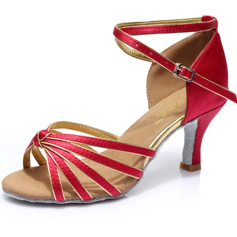 Scarpe da ballo latino da donna Sandali in raso PU da donna Ragazze Salsa Tango Scarpe da ballo da sala Suola morbida Tacchi alti 5 cm/7 cm