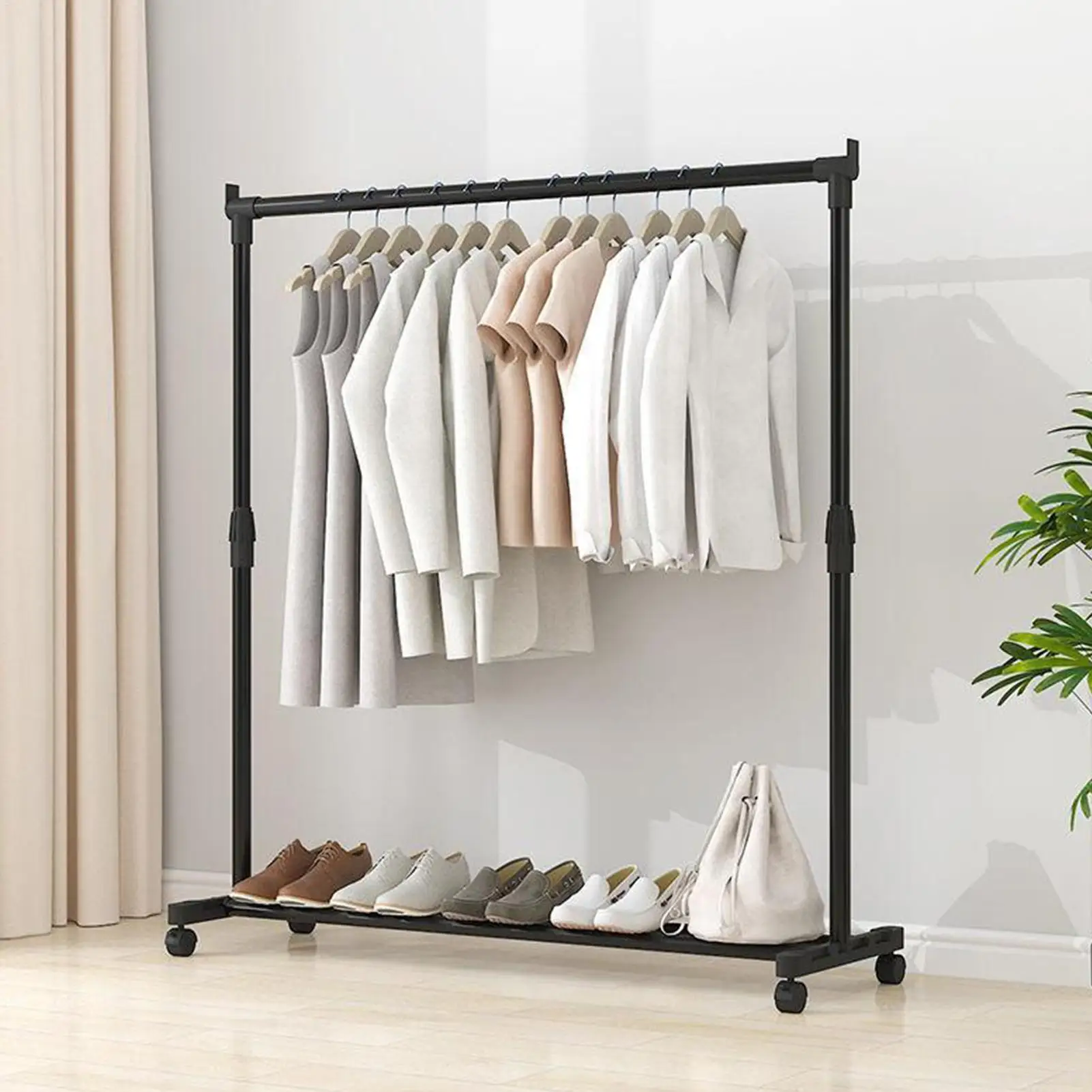 Movable Garment Rack Telescopic clothes drying rack On Wheels Heavy-Duty Floor-standing Clothing Rack For Laundry Shop