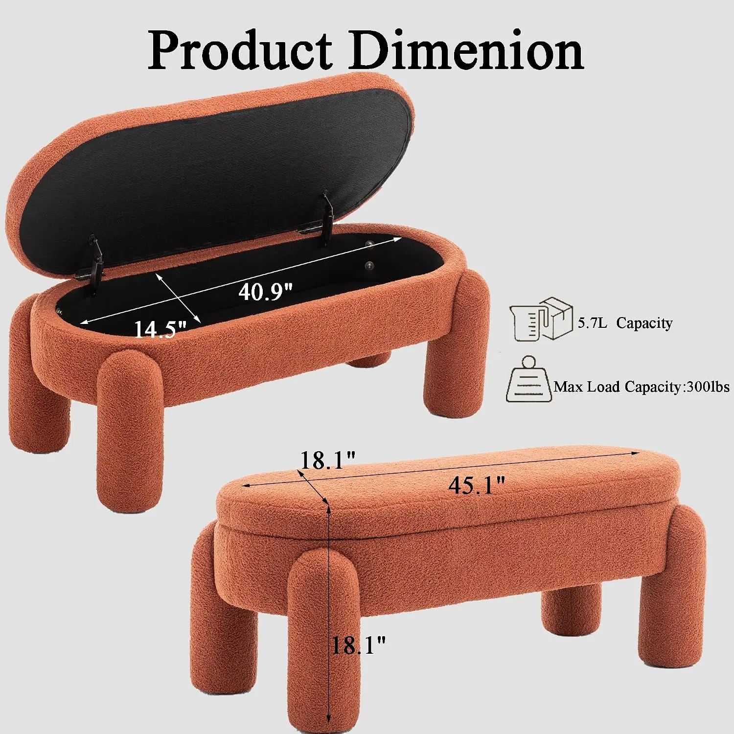 Modern Storage Ottoman Bench, Sherpa Upholstered Large Seating, End of Bed Entryway Living Room, 45.1