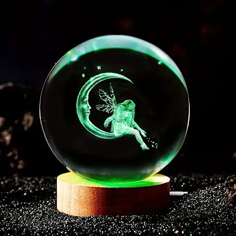 1 pc crystal ball colorful night light, 3D moon and fairy laser carved night light, creative birthday gift for girlfriend\'s wife